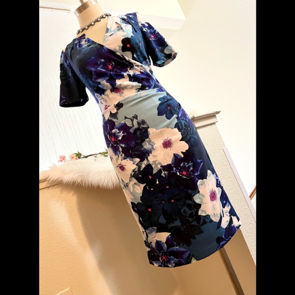EUC 2 Adrienna Papell Blue Chic Floral Midi Classy Dress - Picture 5 of 10